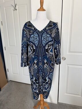 Chico's Reversible Blue Paisley or Black & White Leopard V-Neck Midi Dress